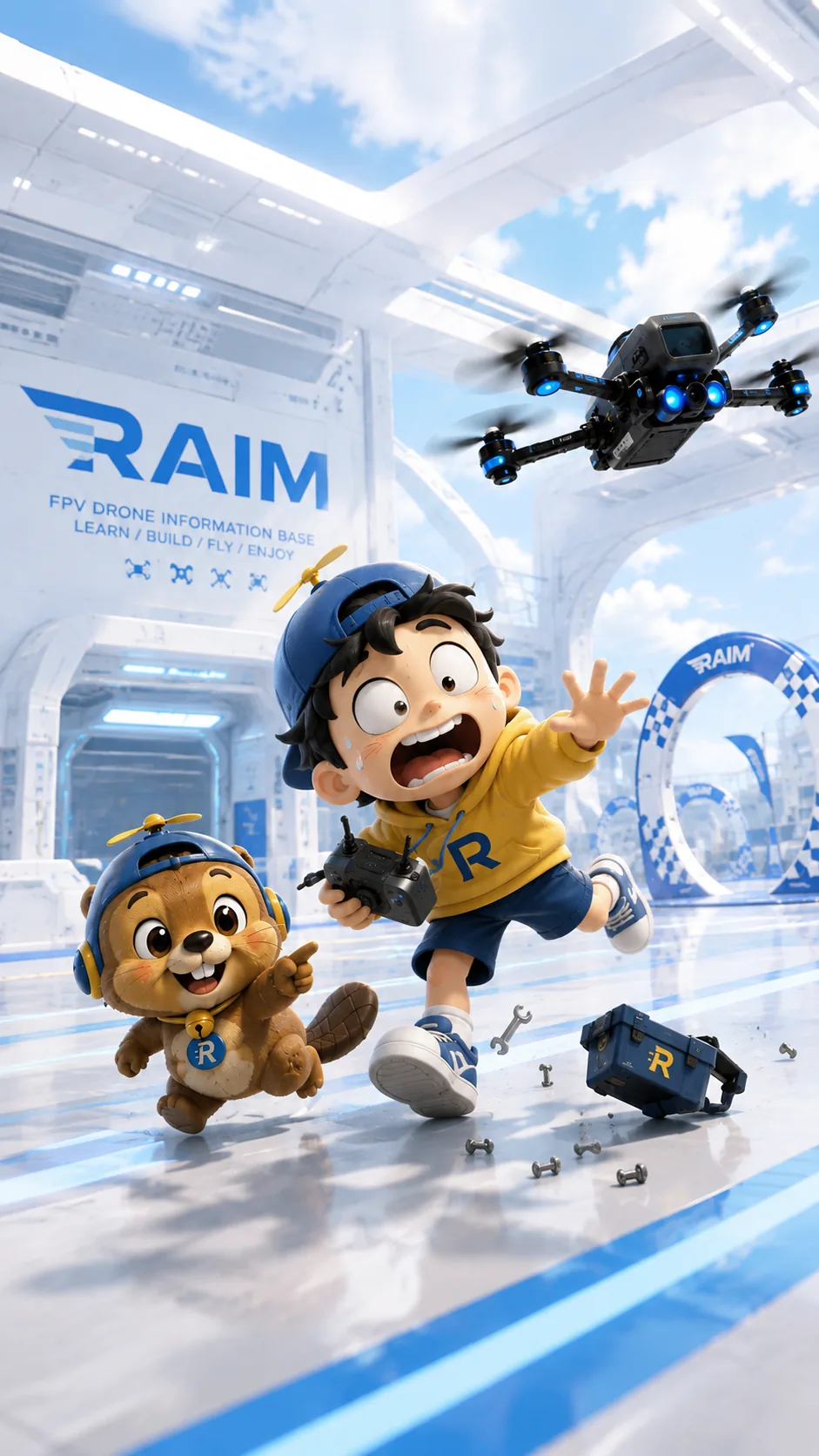 ドロ太と相棒ビーバーがFPVドローンとRAIM基地を駆け抜けるキービジュアル